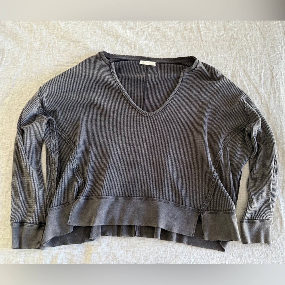 Free People Charcoal V-Neck Waffle Sweater